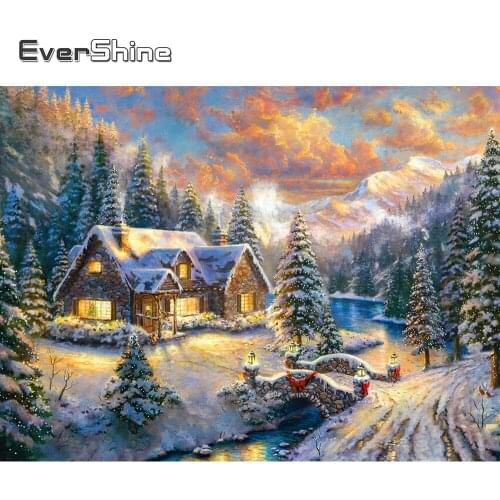 EverShine 5D DIY Diamond Embroidery Winter House Diamond Mosaic Landscape Paintings Picture Of Rhinestones Handmade Hobby