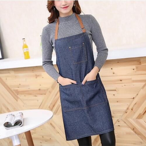 Dark Blue Denim Aprons Simple Antifouling Pinafore Unisex Adult Aprons For Woman Men Baking Restaurant Kitchen Cooking Pinafores