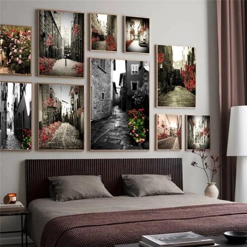 Black White City Street Scape Art Canvas Painting Prints Gardern Flower Wall Posters Pictures For Living Room Home Decor