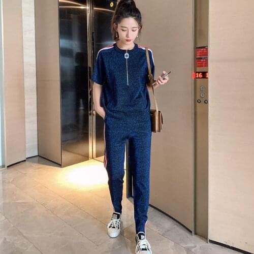 Autumn fashion silky cool feel fabric striped hit color suits female short sleeve knit top + stretch pant two pieces sets wq2391