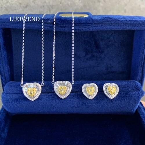 LUOWEND 18K Solid White Gold High Quality Heart Shape Pendant Necklace Natural Yellow Diamond Fashion Women Engagement Necklace