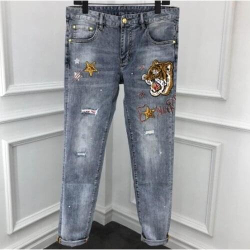2021 new fashion 21ss arrival luxury embroidery brand floral jeans pants designer long famous crown tiger print clothing for men