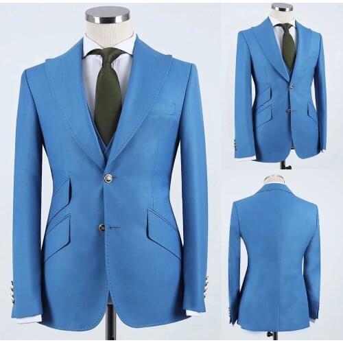Costume Homme Blue Peak Lapel Men Suits Two Buttons Slim Fit Tuxedos Prom Blazer Terno Masculino 3 Pieces (Jacket+vest+Pants)