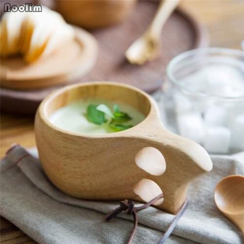 NOOLIM Finland Kuksa Portable Coffee Mug Rubber Wood Handle Two Hole Cowhide Rope Hook Juice Milk