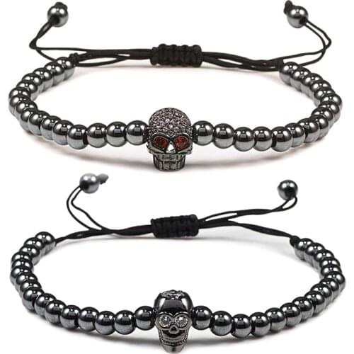 New Pave CZ Copper Beads Bracelets Black Handmade Crystal Skull Leopard Head Crown Cube Adjustable Stand Bracelet for Women Men