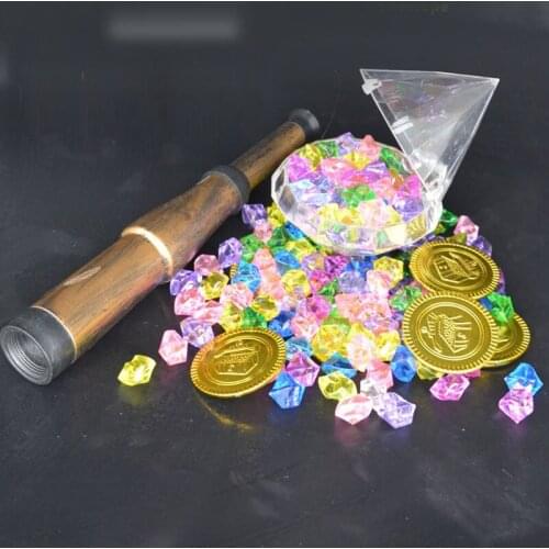 Halloween Plastic Gold Coin Party Pirate Game Captain Crystal Purple Blue Green Diamond Treasure Box Acrylic Gems Boy Toy