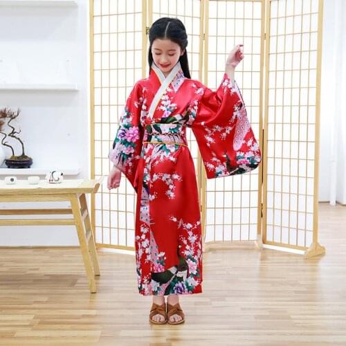 Kids Gilrs Japanese Traditional Kimono Dress Oriental Retro Vintage Wedding Dress Yukata Satin Silk Japan Dance Costumes