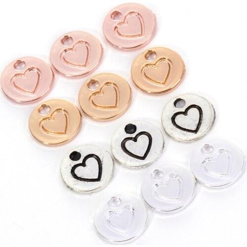 50pcs Rose Gold Silver Heart On Coin Pendant Alloy Delicate Love Charms For Handmade Women Jewelry Necklace Earrings