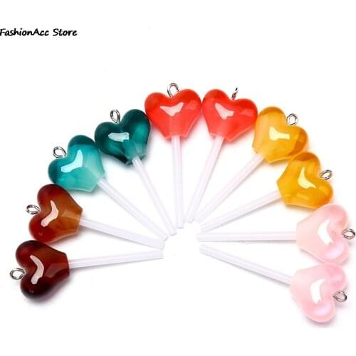 10pcs/lot Lollipop Charms Transparent Heart Shape Glitter Resin Candy Accessories Jewelry Diy