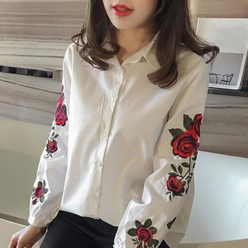 Spring Autumn Women Shirts Long Sleeve Turn-down Collar Rose Embroidery Elegant Casual Blouses Plus Size 4XL Female Shirts6Q2323