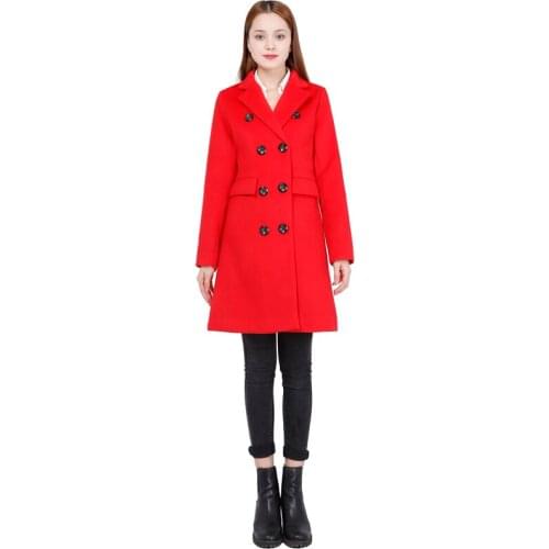 Wool winter coat women single breasted long sleeved overcoat girls red new year pockets mid-long warm ladies coats jacket woman