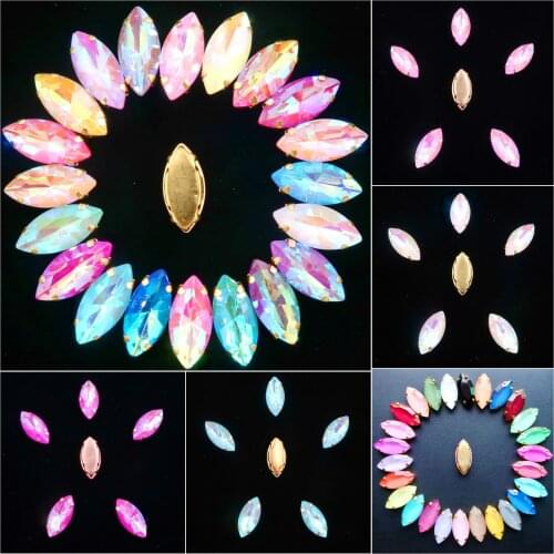 Horse eye shape Gold claw settings Jelly candy glass & AB colors Crystal 7*15mm 20pcs/p Sew on rhinestone beads clothes diy trim
