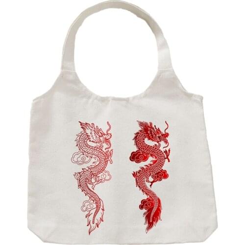 Chinese Style Tote Handbag Dragon Printing Canvas Bag Shopper Harajuku Large Capacity Gothic Women Classic Vintage Shoulder Bags