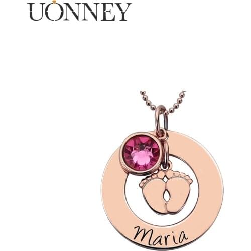UONNEY Wholesale Personalized Female Baby Feet Name Pendants Unique Birthstone Engraved Fashion Jewelry Bead Choker Birth Gift