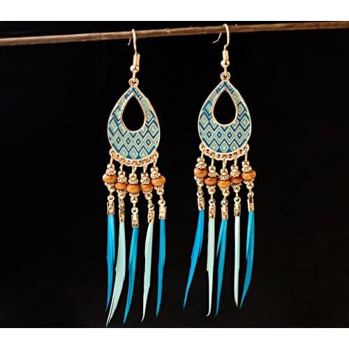 Feather Tassel Ethnic Jewelry Boho Style Colorful Earrings Retro Alloy Drop Shaped Ladies Pendant Earrings Gift Jewelry