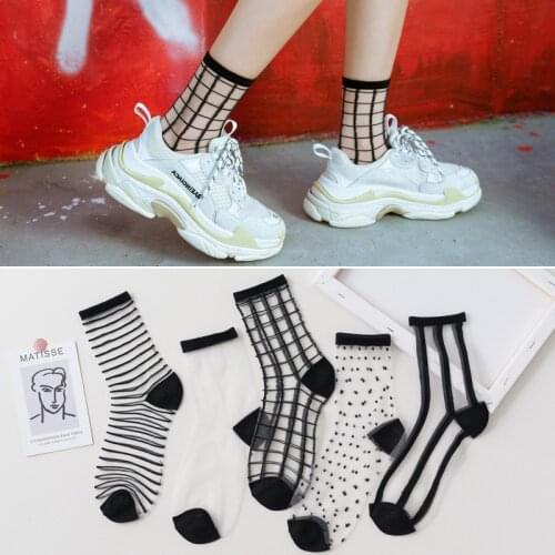 Womens Silk Lace Transparent Socks Black White Fishnet Socks 2020 Summer Fashion Crew Cotton Sock Thin Women Socks Sheer Hosiery