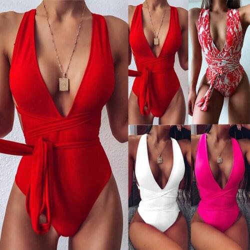 Sexy Solid Red One Piece Swimsuit Women Push Up Lace Up Bandage Bodysuit Brazilian Deep V Neck Backless Bathing Suit Swimwear