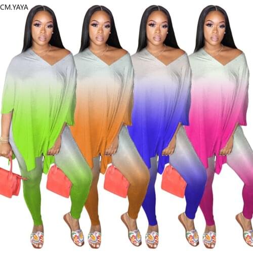 CM.YAYA Sport Gradient Print Women Set Two Pieces Set Tracksuit V-neck Crop Top Pencil Jogger Sweatpant Suit Outfit Matching Set