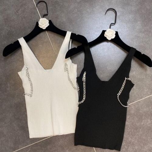 Knitted Tank Top for Women 2020 Summer Double-Shoulder Strap Chain Decoration Sexy Deep V-neck Elastic Knitted Vest Shirt Tops