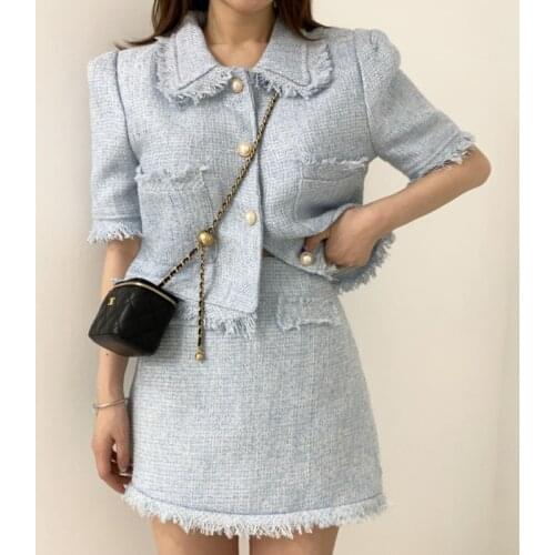 2021 Summer Ladies Blazer Set Skirt Jacket Coat + Slim High Waist Skirts Mini Solid Slim Casual Vintage Tweed 2 Pieces Set