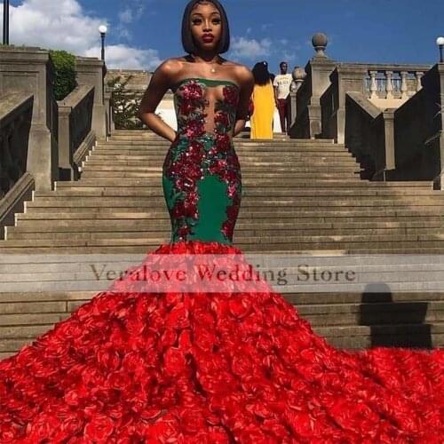 Black Girl Mermaid Prom Dress Strapless Women Illusion Evening Wear Rose Sweep Train Cocktail Party Gowns Vestidos