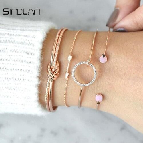 Sindlan Bracelet Bangle 4pcs /set Jewelry Charm Crystal Circle Simple Arrow Chain Pink Stone Opening Bracelets Bangles For Women