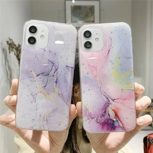 Square Glossy Watercolor Marble Phone Case For iPhone 11 12 Pro XS Max XR X MINI 7 8 Plus SE 2020 Shockproof Back Cover