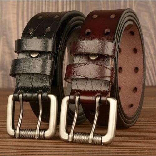 Designer Mens Leisure Belt Metel Double Pin Buckle Waist Strap British Jeans Accessories Genuine Leather Business Brown Cinto