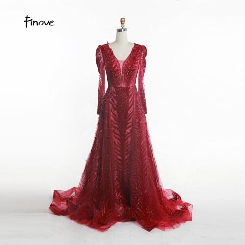 Finove Evening Dresses 2020 Sexy Dubai Deep-V Crystal Beading Long Sleeves Luxury Mermaid Evening Gowns