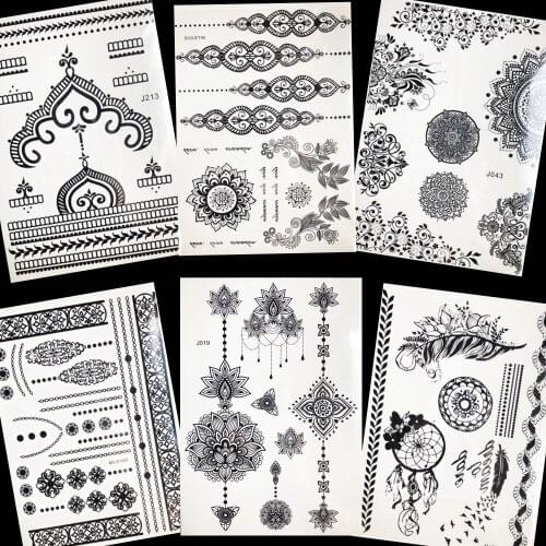 Henna Mandala Flower Tattoo Stickers Black Bracelet Temporary Tattoo Women Sexy Club Makeup Waterproof Fake Tattoo Self Adhesive