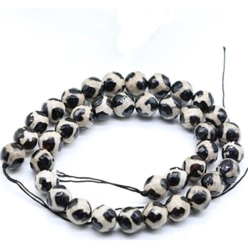 Faceted Black White Tibetan DZI Agates Stone Beads Round Spacer Beads 15" Football 8mm 10mm 12mm DIY Jewelry Accessories