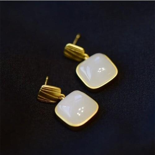 Natural Hetian Jade White Jade 925 Sterling Silver Thick Gold Plated Inlaid Earrings