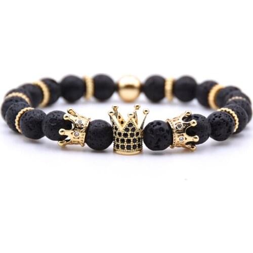 HYHONEY CZ Zirconia gold color Crown Gear spacer Charms Bracelet Natural stone Beads bracelets Men jewelry gifts pulseras
