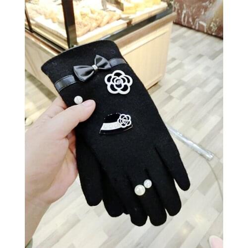Bowknot Cashmere Gloves Korean Fashion Small Fragrant Winter Thickening Warm Cute Riding Finger Touch Screen Gloves Women