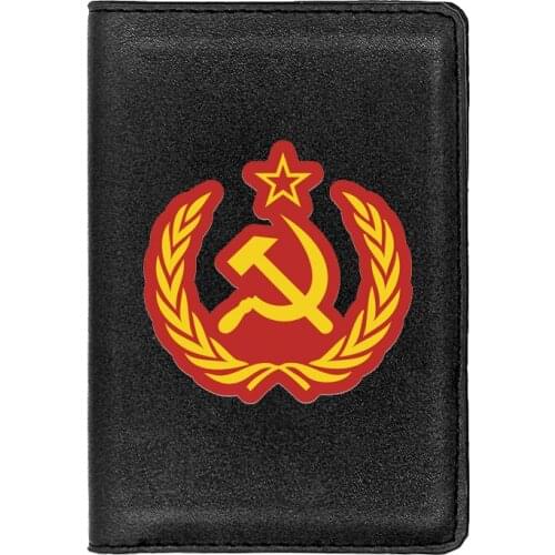 Classic Soviet Sickle Hammer Leather Travel Passport Case Personality Men Women ID Credit Card Holder Cover
