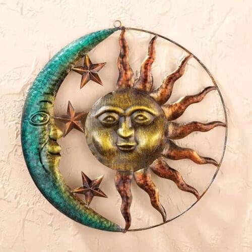 Wrought Iron Moon Sun Pendant Metal Wall Ornament Home Living Room Background Garden Decor Interior Exterior Hanging Adornment