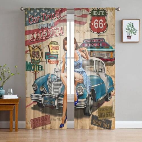 Beauty Car Retro Tulle Curtains for Living Room Decoration Modern Chiffon Sheer Voile Kitchen Bedroom Window Curtain