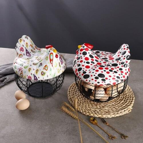 Creativity Ceramic Storage Basket Wrought Iron Metal Basket Egg Storage Kitchen Container Fruit Basket Hen Decoration Storage