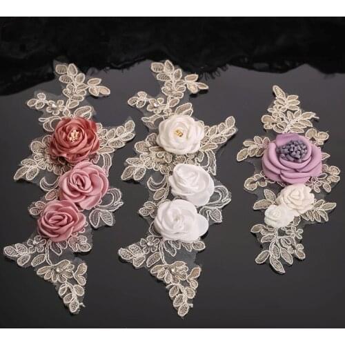 Lace 3D flower rhinestone patch apliques de roupa crystal rhinestone applique sew on patches for clothing para vestuario