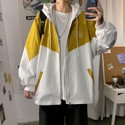 Stitching Hooded Jacket Men Sports Windproof Casual Jackets Spring Autumn Loose Coat Embroidered Letters Male Clothes hip hop
