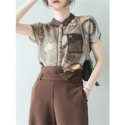 Summer Women Short Sleeve Loose Plus Size Printing Shirt Office Lady Elegant Desing Chice Chiffon Retro Shirts