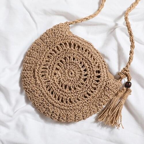 Summer Hollow Out Straw Bag Women Round Beach Bag Weave Crossbody Bag Vacation Tassel Handbag Handmade Weave Shoulder Bag Bolso