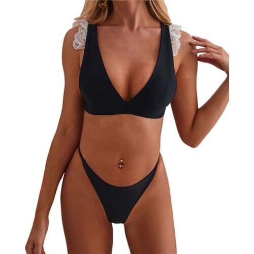 Summer Sexy Ladies Split Swimwear Set Adults Women Fashionable Lace Edge Solid Color Backless Bikini Swimsuit for Vacation