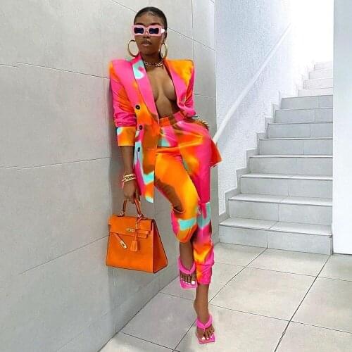 Ailigou Fashion Printed Tie-Dye Two-Piece WomenS V-Neck Long-Sleeved Suit Jacket Casual Contrast Color Feminine Party Set