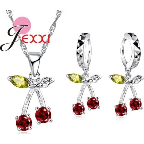 Cherry Design Jewellery Sets For Women 925 Sterling Silver Crystan Pendants Necklace Earring Set For Wedding Party Jewelry