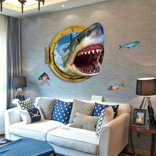 Sea Life Wall Decals, 3D Shark Porthole DIY Wall Stickers for Home Living Room Kids Playroom