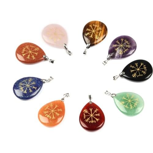 JCM Natural Stone Reiki Crystal Obsidian Water Drop Pendant Religion Vegvisir Compass Guardian Necklace Pendants