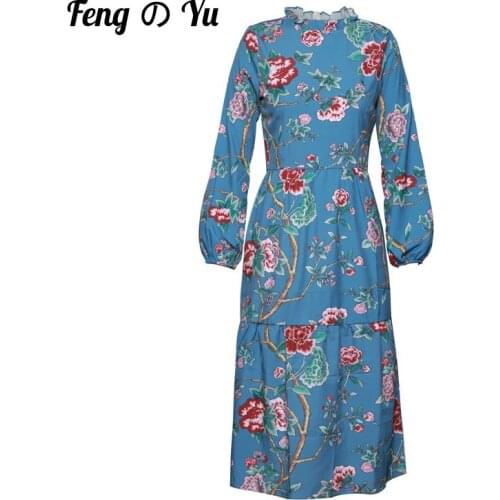 Autumn Ladies Fashion Dress Lantern Sleeve Round Neck Lace Edge Long Sleeve Ladies Floral Print 2021 Long Retro Long Skirt Blue