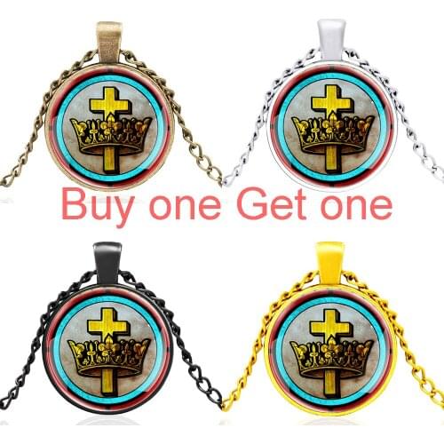 Classic Cross Crown Black Glass Dome Pendant Necklace Men Women Vintage Jewelry Accessories Gifts