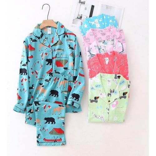 2021 Spring Autumn Women Casual Cartoon Pajama sets Female Soft 100% Cotton Sleepwear suit Women Turn-down collar shirt & Pants